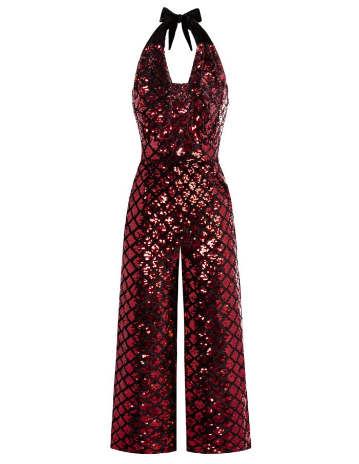 Sequined Jumpsuit Defined Waist Backless Halterneck Jumpsuit