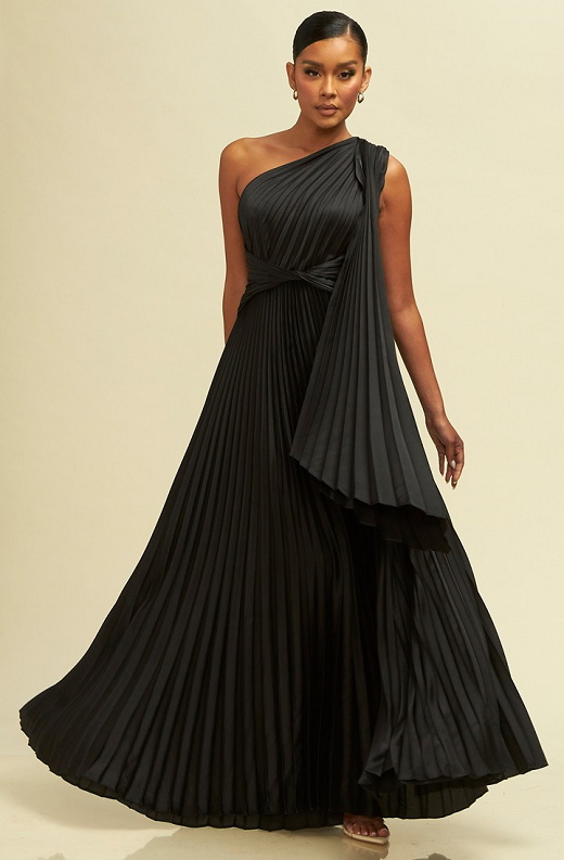 Black Pleated One Shoulder Maxi Dress