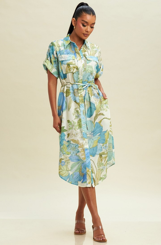 Blue Botanica Belted Maxi Shirt Dress