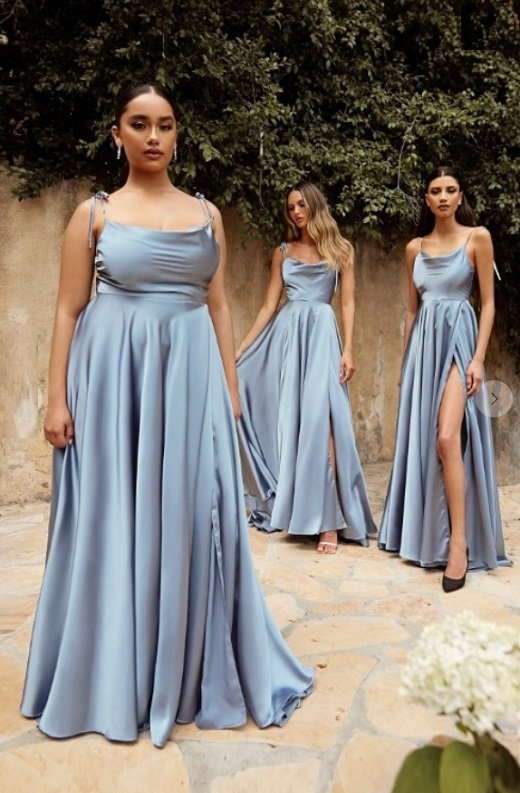 Dusty Blue Satin Cowl Neck Bridesmaids Gown