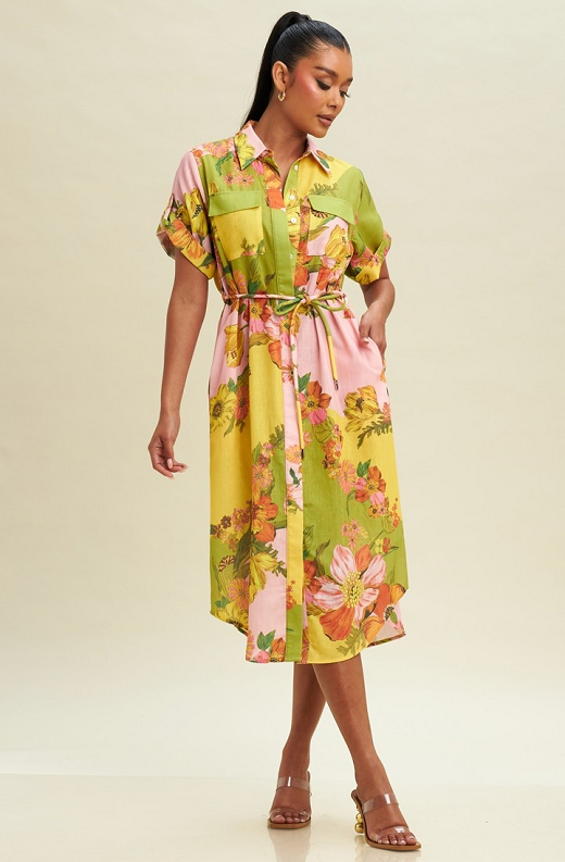 Lime Floral Belted Maxi Shirt Dress