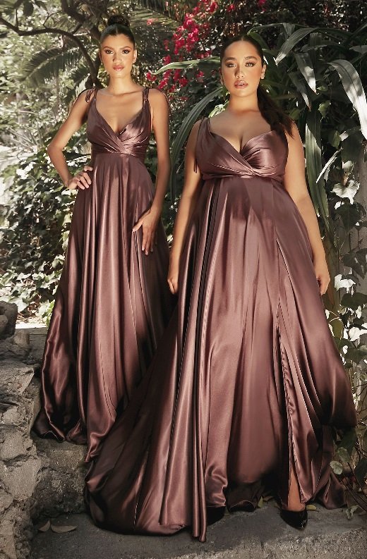 Mahogany Satin V-Line Neck Bridesmaids Gown