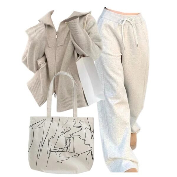 Outfit: Cozy Neutral Zip-Up Sweater+Vintage Gray Jogging Pants+Artsy Minimalism Shopping Bag