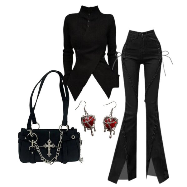 Outfit: Fall Midnight Lace-Up Flare Jeans+Fall Asymmetrical High Neck Buttoned Sweater+Gothic Cross Chain Shoulder Bag+Earrings