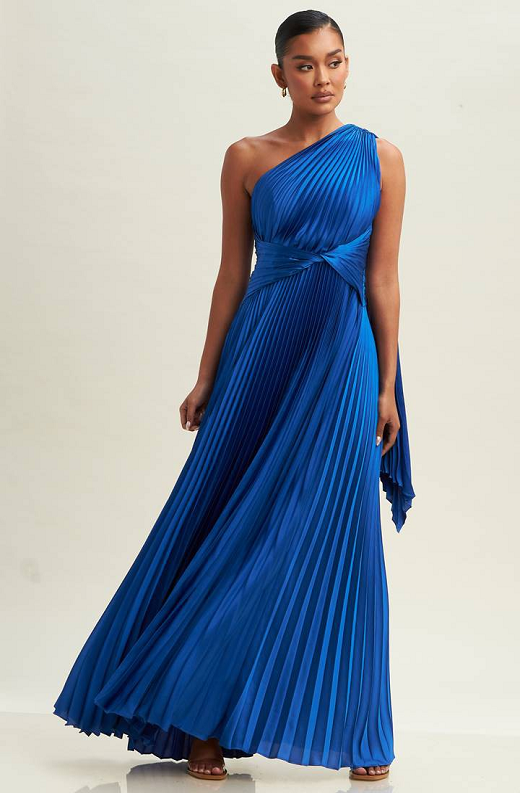 Royal Blue Metallic Pleated One Shoulder Maxi Dress