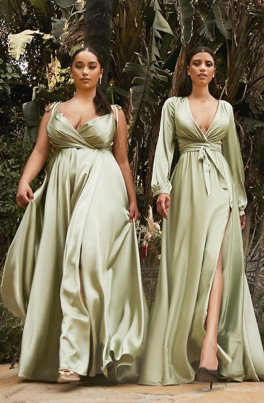 Sage Satin V-Line Neck Bridesmaids Gown