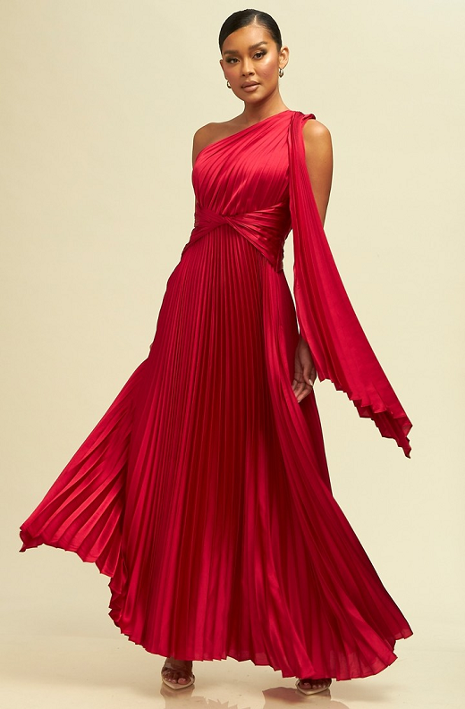 Sangria Metallic Pleated One Shoulder Maxi Dress