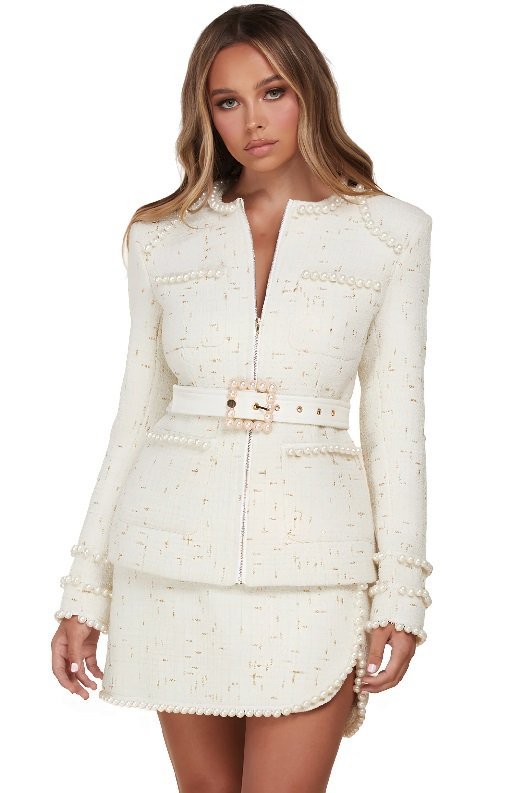 White La Perla Tweed Fabric Belted Blazer Set