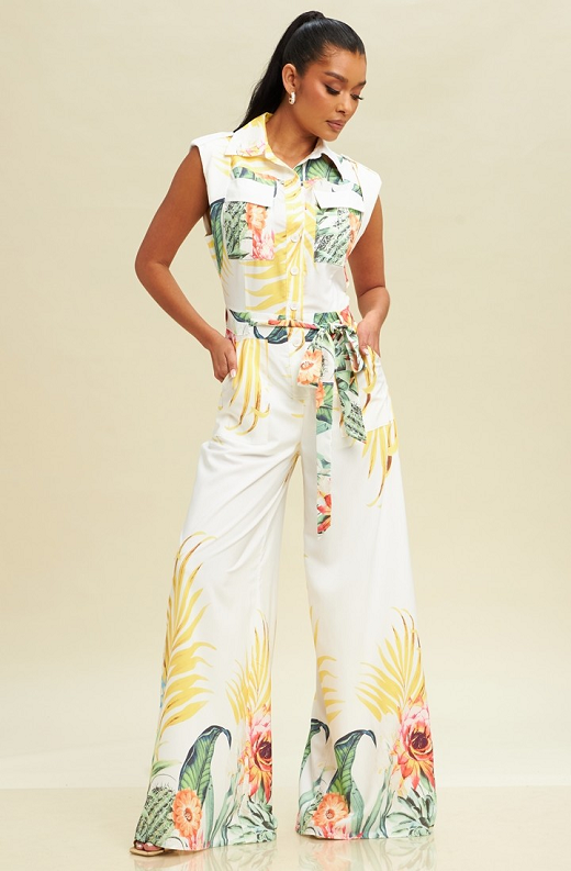 White Tropical Belted Flared Wide Leg Bottoms Jumpsuit