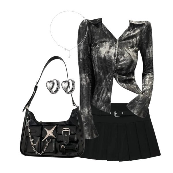 Y2k Outfit: Metallic Asymmetrical Button-Up Blouse+Autumn Chic Short Zipper Skirt+Y2k Black Chain Handbag+Accessories