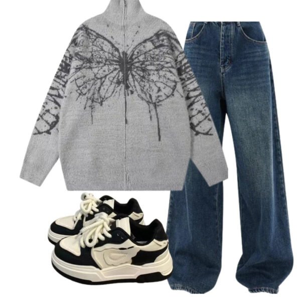 Y2k Outfit: Oversized Dark Wash Wide-Leg Jeans+Oversized Butterfly Grunge Sweater+Pastel Dream Wave Sneakers