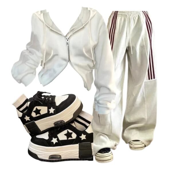 Y2k Outfit: Striped Cargo Spring Pants+Korean Y2K White Zip Hoodie+Acubi Star Skateboard Y2k Shoes