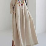 Apricot-Print1 Cotton Dresses Pockets Patchwork Spring