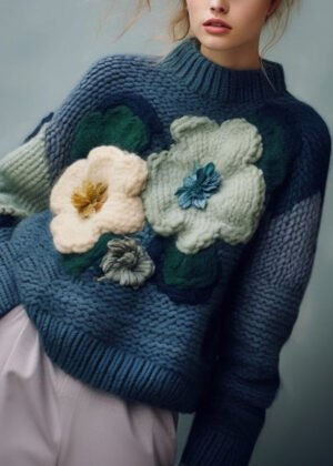 Art Blue Turtleneck Cozy Cotton Knit Top Fall