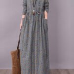 Art O-Neck Print Button Wrinkled Tie Waist Dresses Long Sleeve