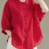 Art Red O-Neck Button Linen Loose Shirt Top Lantern Sleeve