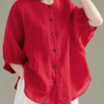Art Red O-Neck Button Linen Loose Shirt Top Lantern Sleeve