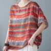Art Red O Neck Print Patchwork Linen T Shirt Tops Short Sleeve