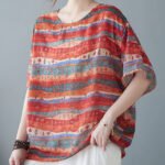 Art Red O Neck Print Patchwork Linen T Shirt Tops Short Sleeve
