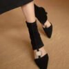Art Splicing Zircon Hollow Out Pointed Toe Boots Black Suede