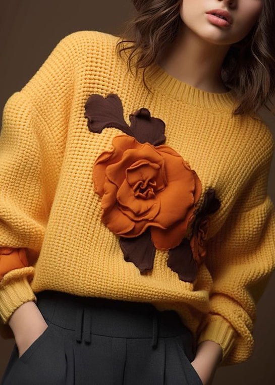Art Yellow Floral Cozy Cotton Knit Tops Fall