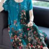 Beautiful Blue O-Neck Pockets Print Chiffon A Line Dress Short Sleeve