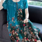 Beautiful Blue O-Neck Pockets Print Chiffon A Line Dress Short Sleeve