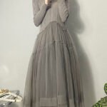 Beautiful Grey Asymmetrical Tulle Patchwork Long Dresses Fall