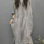 Beautiful Grey O-Neck Wrinkled Side Open Linen Long Dress Batwing Sleeve