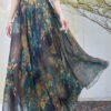 Beautiful Navy Elastic Waist Print Exra Large Hem Chiffon A Line Skirt Summer