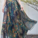 Beautiful Navy Elastic Waist Print Exra Large Hem Chiffon A Line Skirt Summer