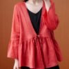 Beautiful red tunics for women v neck Ruffles loose summer blouses