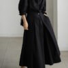 Black Button Wrinkled Cotton Dresses Long Sleeve