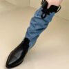 Black Long Boots Fashion Splicing Chunky Pointed Toe