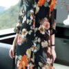 Black Print Silk Long Blouse Tops Peter Pan Collar Button Half Sleeve