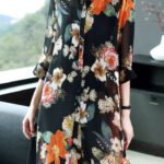 Black Print Silk Long Blouse Tops Peter Pan Collar Button Half Sleeve
