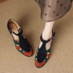 Black Sandals Chunky Heel Suede Elegant Splicing Buckle Strap
