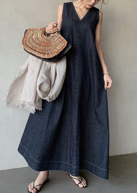 Bohemian Navy V Neck Cold Shoulder Cotton Denim Dress Sleeveless