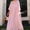 Bohemian Pink Peter Pan Collar Striped Button Pockets Wrinkled Long Dresses Half Sleeve