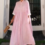 Bohemian Pink Peter Pan Collar Striped Button Pockets Wrinkled Long Dresses Half Sleeve