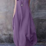Bohemian Purple O-Neck Exra Large Hem Cotton Dresses Sleeveless