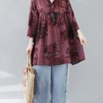 Bohemian v neck linen cotton summerclothes red prints Dresses shirts