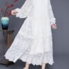 Bohemian White Embroideried Patchwork Hollow Out Lace Maxi Dress Lantern Sleeve