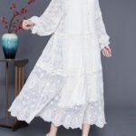 Bohemian White Embroideried Patchwork Hollow Out Lace Maxi Dress Lantern Sleeve