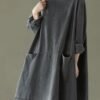 Boho Black Grey O-Neck Pockets Denim Long Dresses Long Sleeve