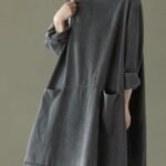 Boho Black Grey O-Neck Pockets Denim Long Dresses Long Sleeve