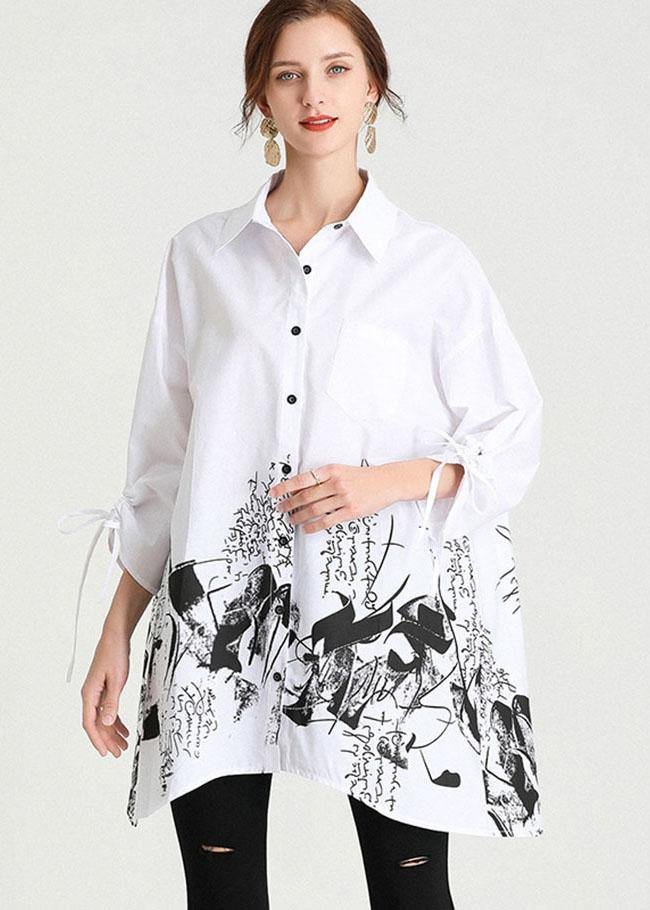 Boho White Peter Pan Collar Button Print Top Shirts