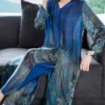 Boutique Blue V Neck Side Open Print Silk Dress And Wide Leg Pants Women Sets Two Pieces Summer