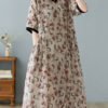 Boutique Khaki V Neck Print Linen Dresses Short Sleeve
