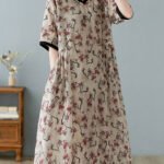 Boutique Khaki V Neck Print Linen Dresses Short Sleeve